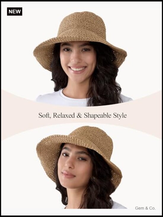 Wide Brim Straw Sun Hat with Shaping Wire, Adjustable, Packable